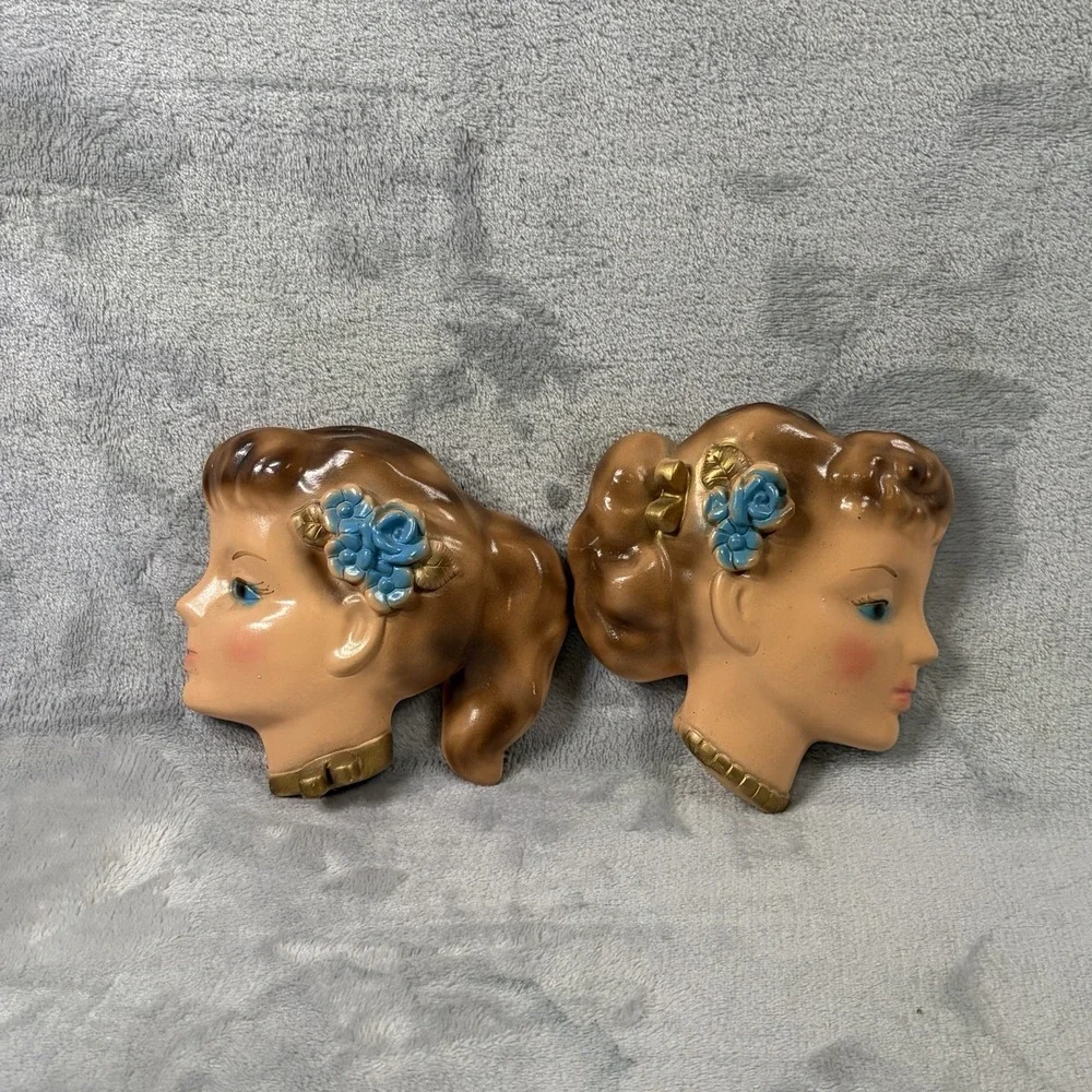 Vintage Wall Plaque Girl With Pony Tail‎ Head Vase. Bow On Her Neck Blue Eyes